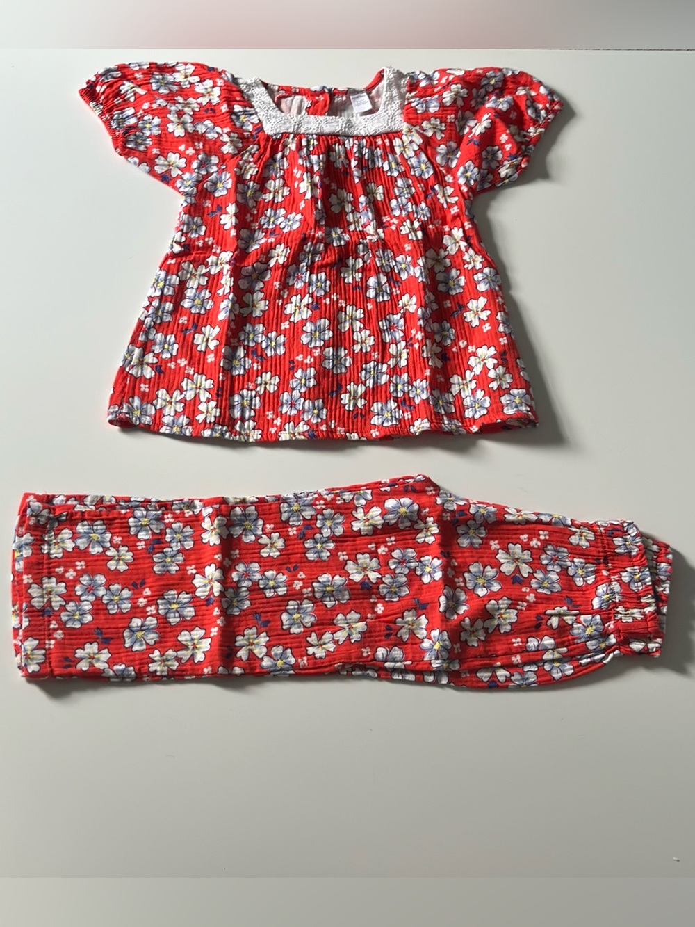 Girls' Red Floral Hawaiian Print Set - Short Sleeve Top & Pants Size 5/6